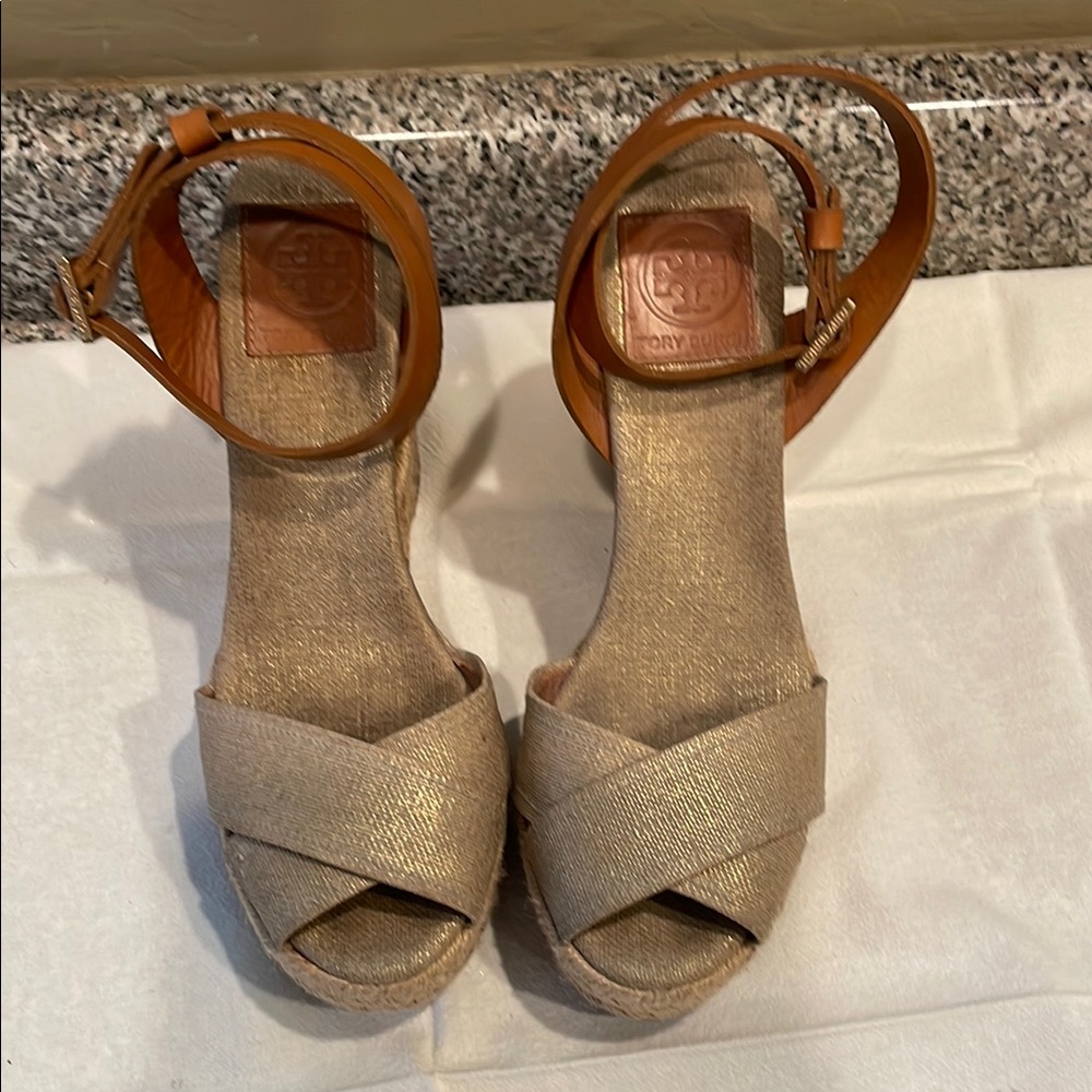 Tory Burch Tan Espadrille Shoes with Crisscross Straps